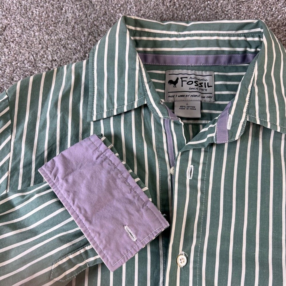 Fossil Striped Button Up‎ Shirt Green Lavender Accents Casual Cotton L